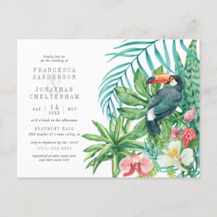 Modern Tropical Watercolor Leaves & Toucan Wedding Invitation Postcard