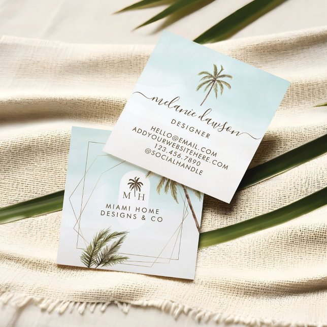 Modern Tropical Watercolor Palm Trees Monogram Square Business Card (Modern Tropical Watercolor Palm Trees Monogram Square Business Card)