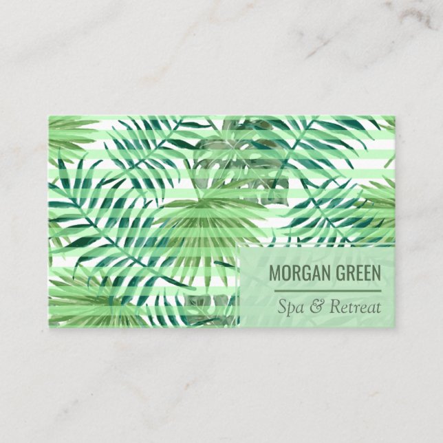 Modern Tropical Watercolor Plant Spa Retreat Business Card (Front)