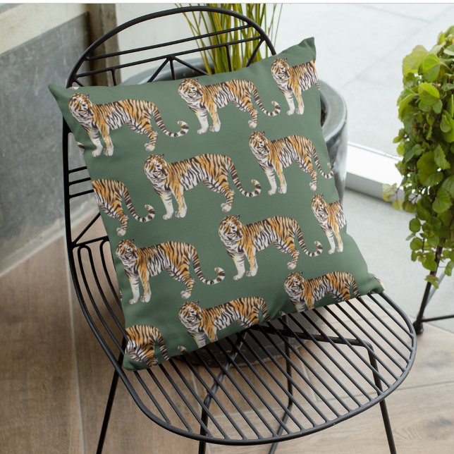 Modern Tropical Watercolor Tigers Wild Pattern Cushion (Creator Uploaded)