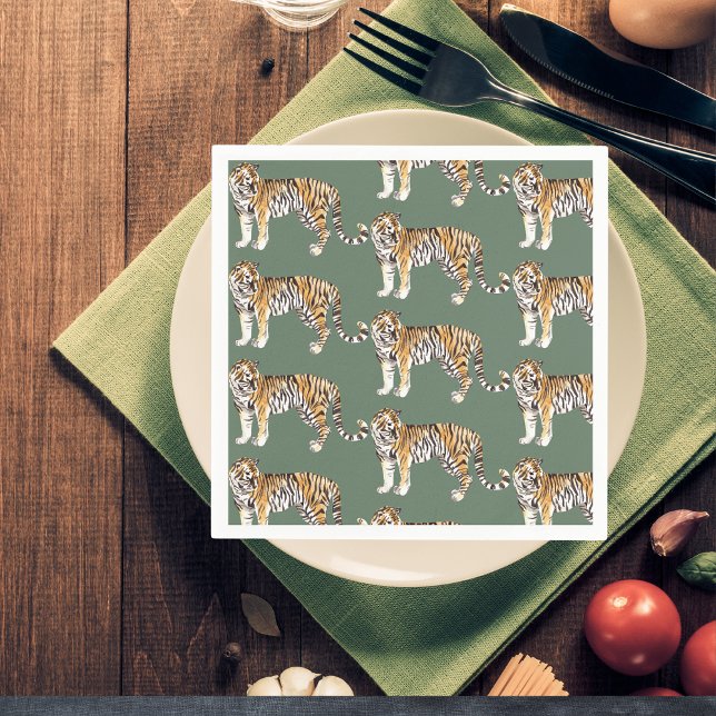 Modern Tropical Watercolor Tigers Wild Pattern Napkin (Creator Uploaded)