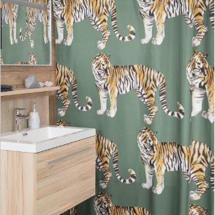 Modern Tropical Watercolor Tigers Wild Pattern Shower Curtain
