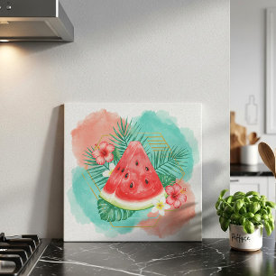 Modern Tropical Watermelon & Hibiscus Watercolor  Ceramic Tile
