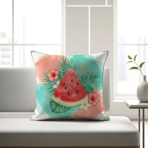 Modern Tropical Watermelon & Hibiscus Watercolor  Cushion