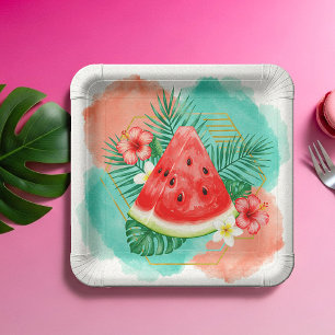Modern Tropical Watermelon & Hibiscus Watercolor  Paper Plate