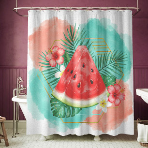 Modern Tropical Watermelon & Hibiscus Watercolor  Shower Curtain