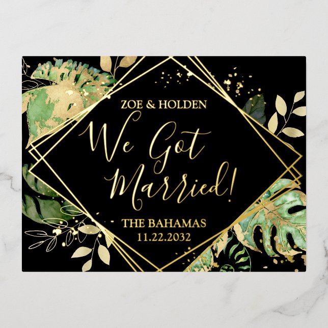 Modern Tropical We Got Married Elopement Reception Foil Invitation Postcard (Front)