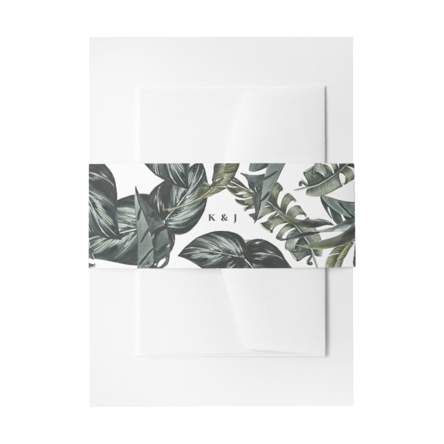 Modern Tropics Foliage Monogram Wedding Invitation Belly Band (Front Example)