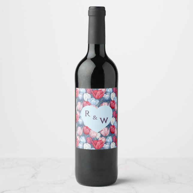 Modern Tulip Floral Fall Wedding Wine Label (Front)