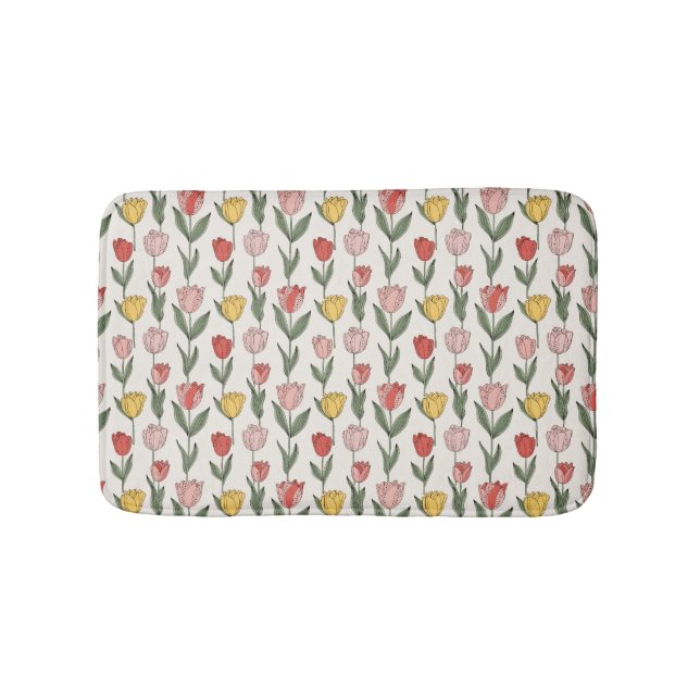 Modern Tulip Floral Pattern Soft Botanical Spring Bath Mat (Front)