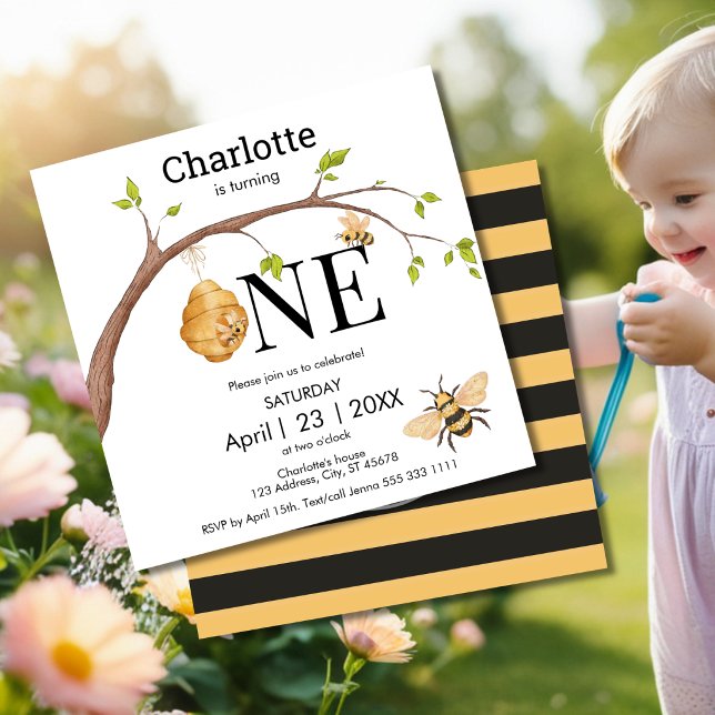 Modern Turning One Black Yellow Bee Birthday Invitation (Creator Uploaded)