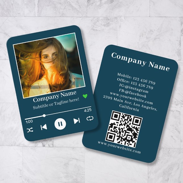 Modern Turqouise QR Code Music Player Song Photo Business Card (Creator Uploaded)