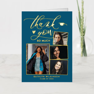 Modern Turquoise 4 Photo Chic Graduation Thank You Foil Greeting Card