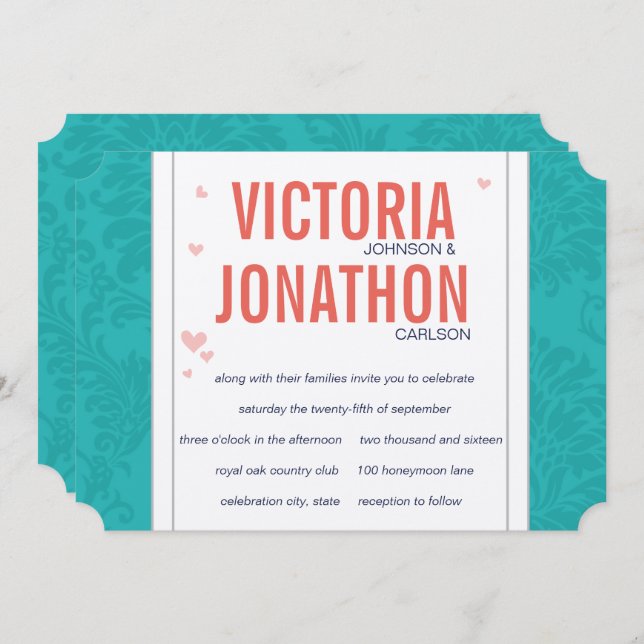 Modern Turquoise and Coral Damask Wedding Invitation (Front/Back)