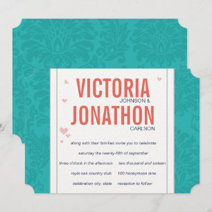 Modern Turquoise and Coral Damask Wedding Invitation