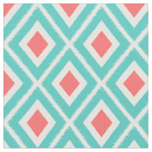 Modern Turquoise and Coral Ikat Pattern Fabric