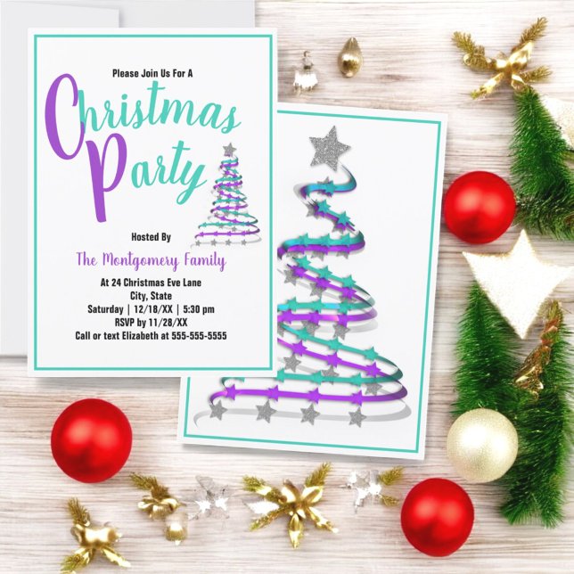 Modern Turquoise and Orchid Christmas Party Invite (front and back non traditional colors Christmas
save the date invitation)