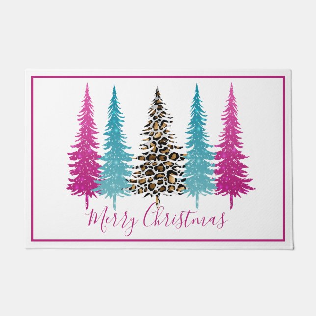 Modern Turquoise and Pink Christmas Tree Doormat (Front)