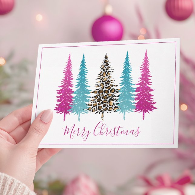 Modern Turquoise and Pink Christmas Trees Holiday Card (Modern Pink Christmas Card)