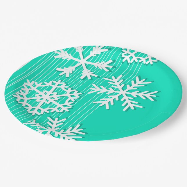Modern turquoise and white Christmas snowflakes Paper Plate (Angled)