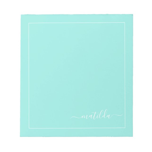 Modern Turquoise and White Girly Script Name   Notepad (Front)