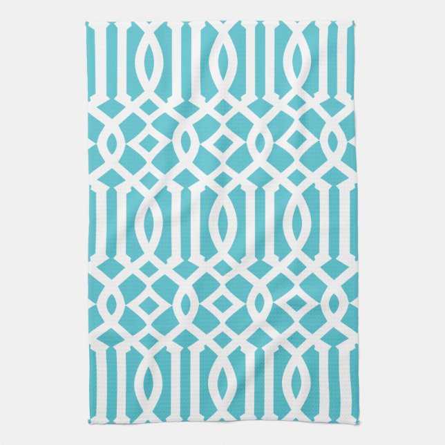 Modern Turquoise and White Trellis Pattern Tea Towel (Vertical)