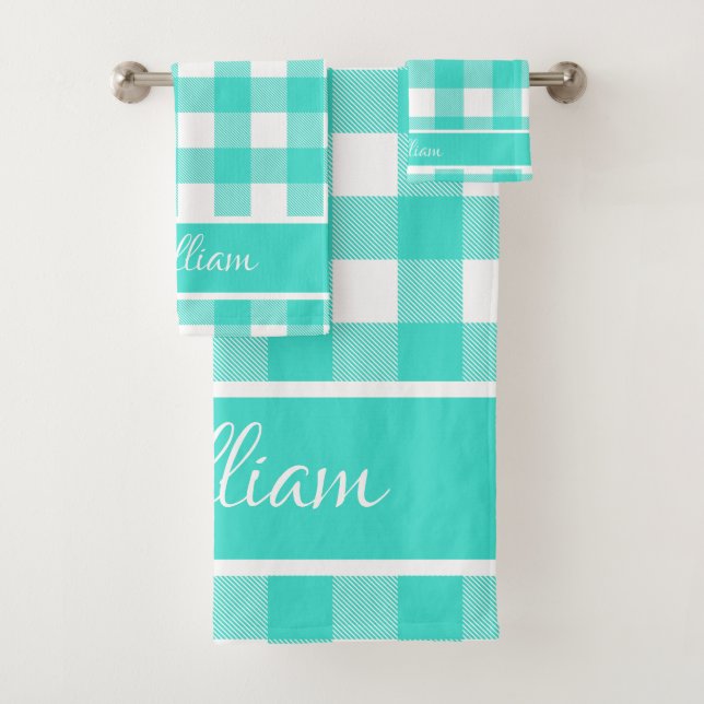 Modern Turquoise Aqua Buffalo Checks Script Name Bath Towel Set (Insitu)