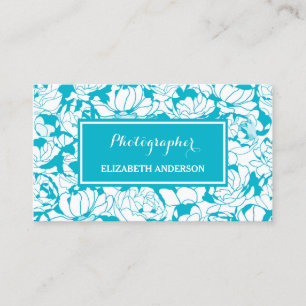 Modern Turquoise Blue Floral Girly Photographer Business Card