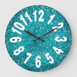 Modern Turquoise Blue Glitter Large Numbers Large Clock