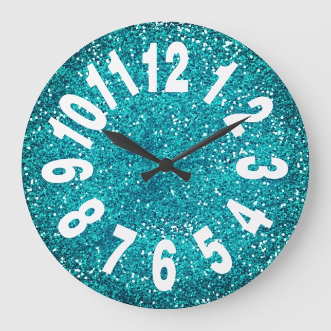 Modern Turquoise Blue Glitter Large Numbers Large Clock (Front)