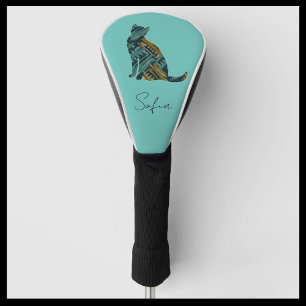 Modern Turquoise Blue & Gold Cat Golf Head Cover