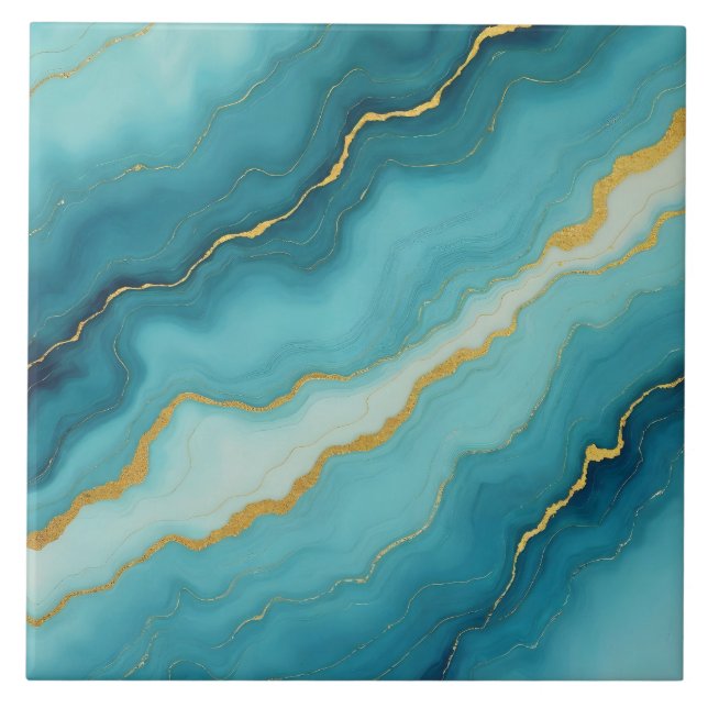 Modern Turquoise Blue Gold Marble Collection Ceramic Tile (Front)