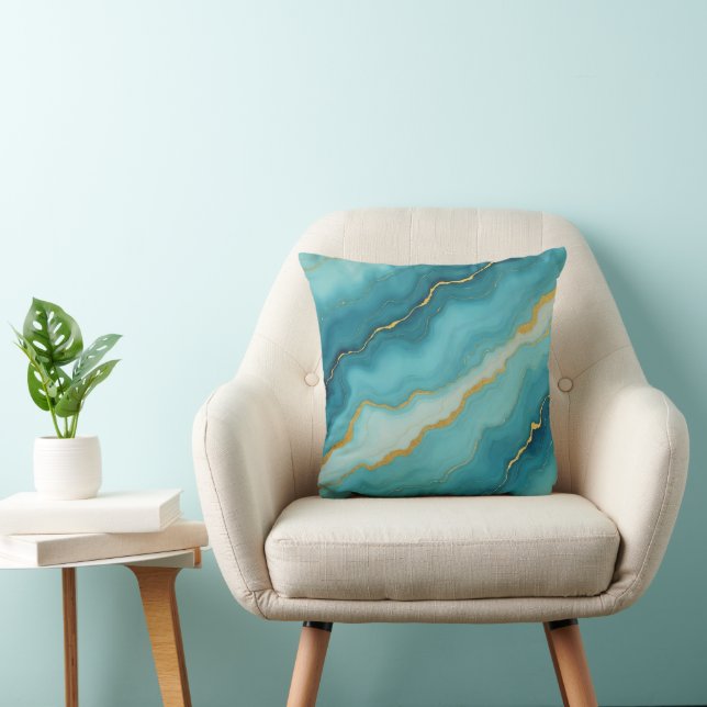 Modern Turquoise Blue Gold Marble Collection Cushion (Chair)