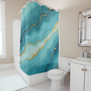 Modern Turquoise Blue Gold Marble Collection Shower Curtain