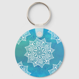 Modern turquoise blue ombre watercolor mandala key ring