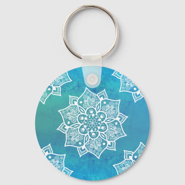 Modern turquoise blue ombre watercolor mandala key ring (Front)