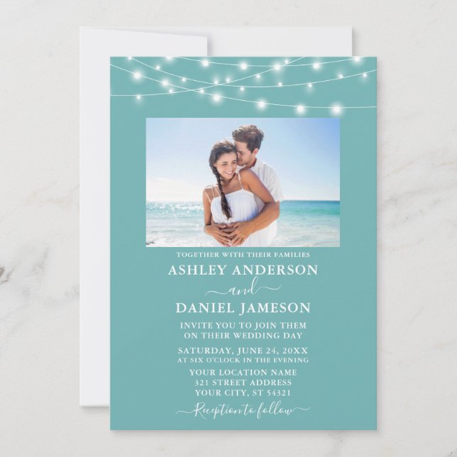Modern Turquoise Blue String Lights Photo Wedding Invitation (Front)