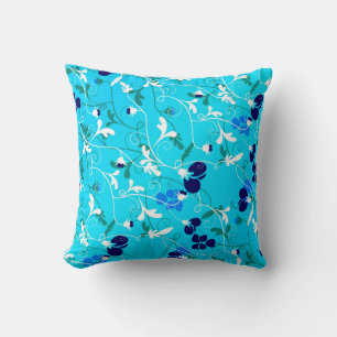 Modern Turquoise Blue & White Floral Flourish Cushion