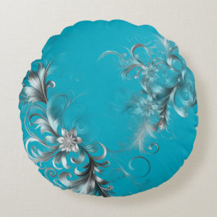 Modern Turquoise Blue with Ornate Silver Round Cushion
