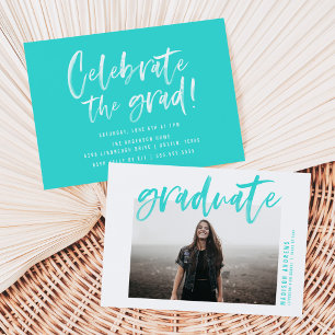 Modern Turquoise Brushed Script Graduation Party Invitation