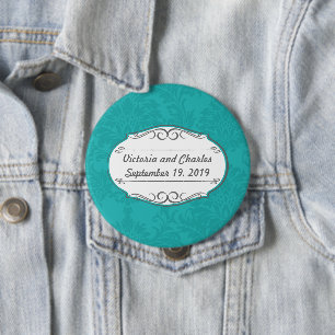 Modern Turquoise Chartreuse Damask Wedding 10 Cm Round Badge