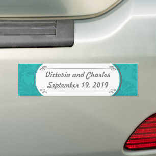 Modern Turquoise  Chartreuse Damask Wedding Bumper Sticker