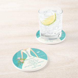 Modern Turquoise Chartreuse Damask Wedding Coaster