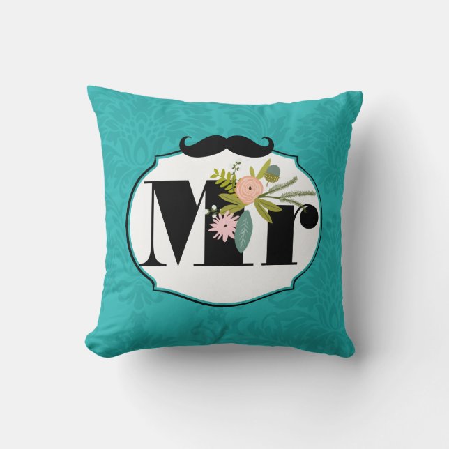 Modern Turquoise  Chartreuse Damask Wedding Cushion (Front)