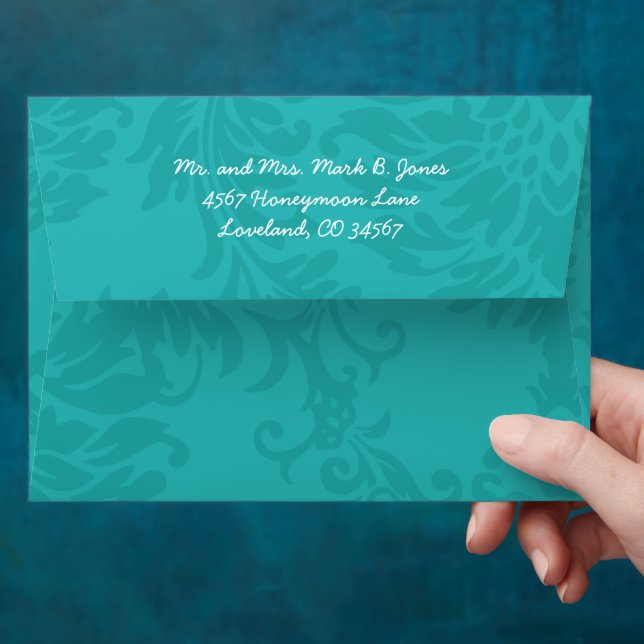 Modern Turquoise  Chartreuse Damask Wedding Envelopes (Hand)