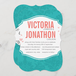 Modern Turquoise  Chartreuse Damask Wedding Invitation