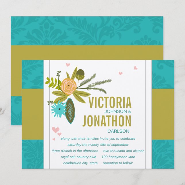 Modern Turquoise  Chartreuse Damask Wedding Invitation (Front/Back)