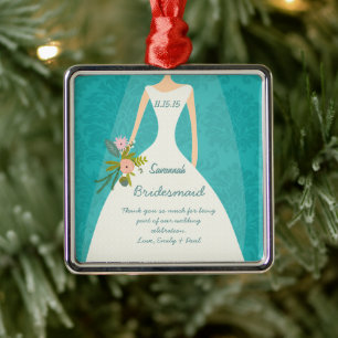 Modern Turquoise  Chartreuse Damask Wedding Metal Ornament