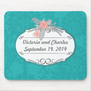 Modern Turquoise  Chartreuse Damask Wedding Mouse Pad