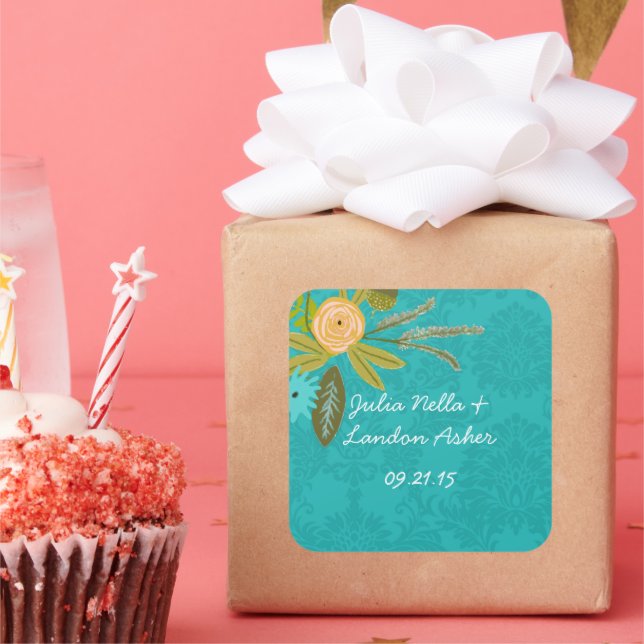 Modern Turquoise  Chartreuse Damask Wedding Square Sticker (Party)